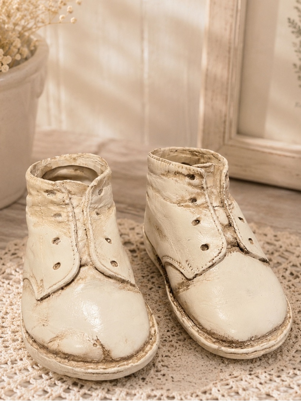 VINTAGE CERAMIC BABY SHOES – WHITE GLAZED – DECOR COLLECTIBLE